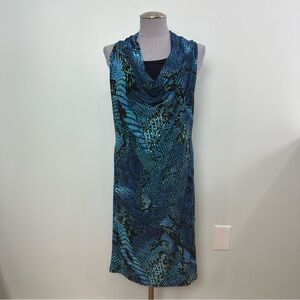 Anne Klein Size 8 Snake Print Blue and Black Sleeveless Print Dress Cowl Neck